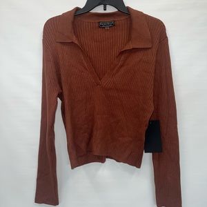 Bagatelle Sweater Women’s Extra Large Brown Cotton Blend V-Neck Collared NWT